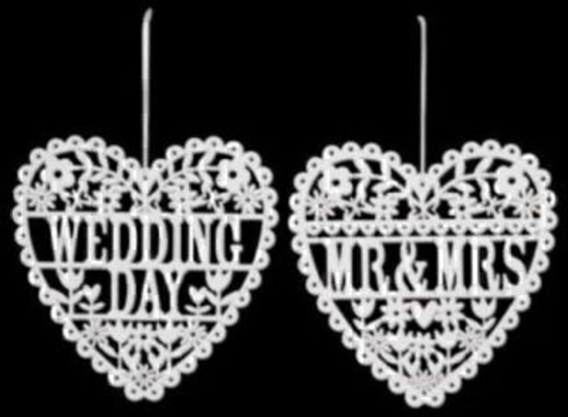 Large wooden white fret heart decorations by Gisela Graham with 'Wedding Day' or 'Mr and Mrs' if preference please specify when ordering. Size 26x26cm